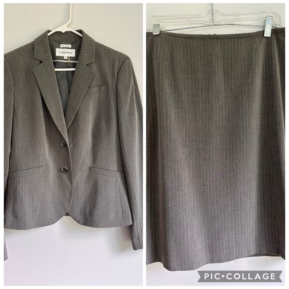 Calvin Klein Size 8 Gray Pinstripe Skirt Suit NEW Blazer Pencil Skirt Career